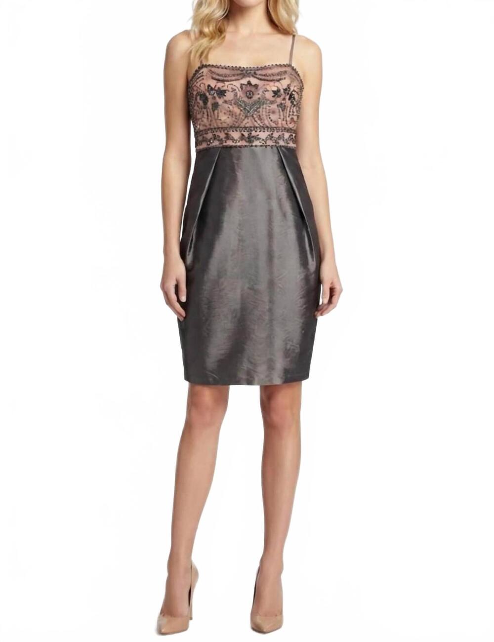 NEW SUE WONG women's beaded scrolling pattern taffeta dress in charcoal